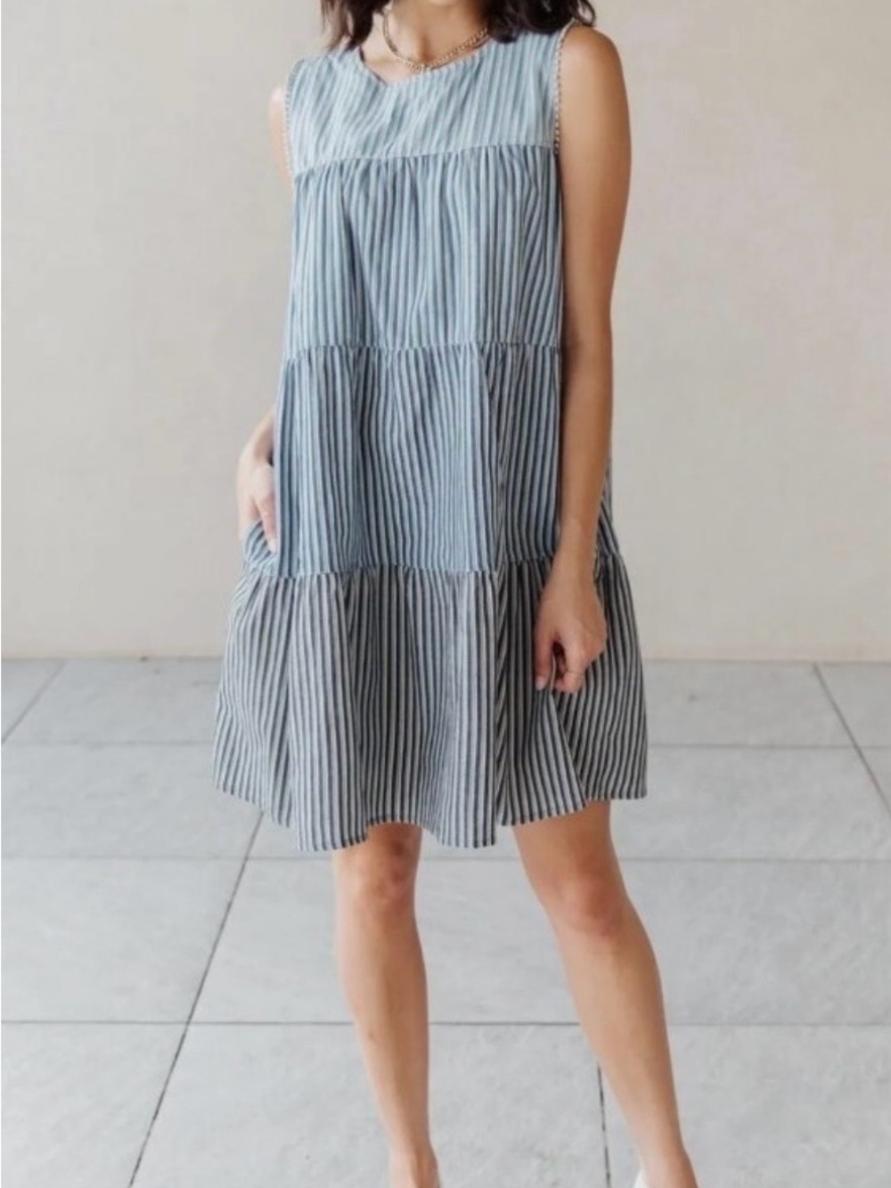 Sleeveless Blue Stripe Midi Dress